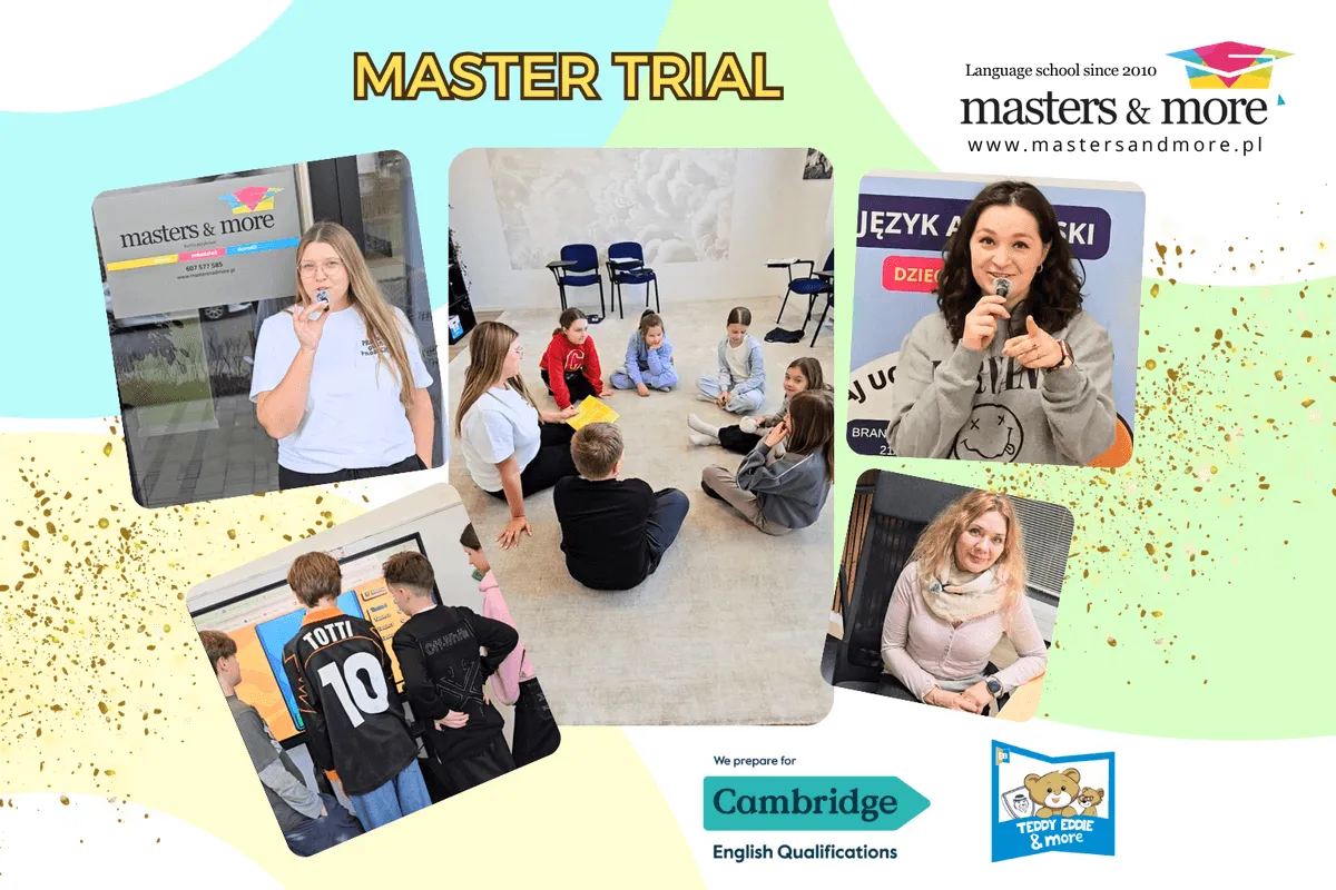 Plansza z napisem Master Trial i zdjęciami z zajęć próbnych